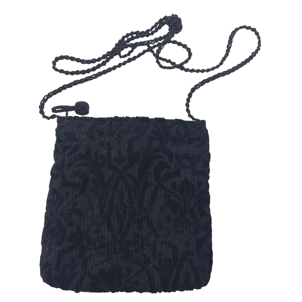 Crossbody Cocktail Evening Bag Womens Black Velvet Beaded Brocade Whimsigoth 7"